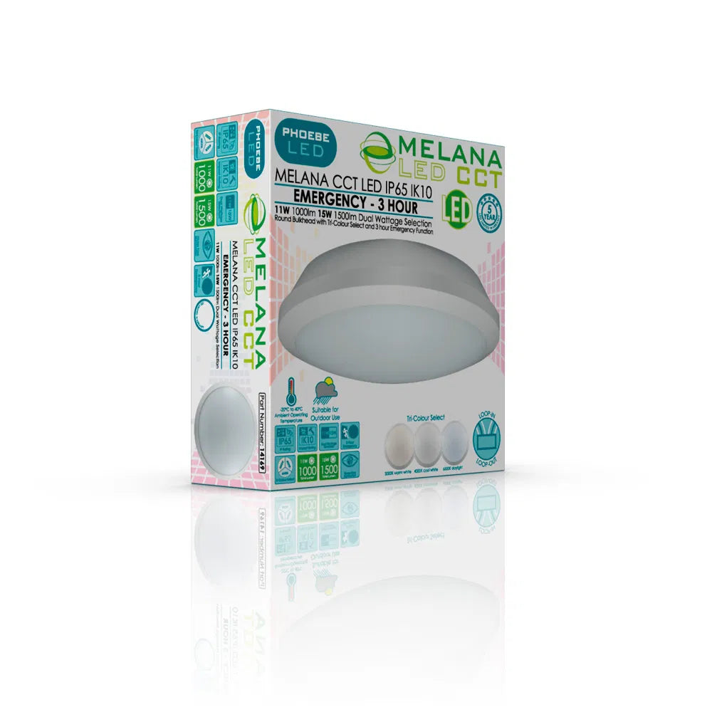 Melana CCT & Wattage Adj LED IP65 Outdoor Bulkhead + EMergency