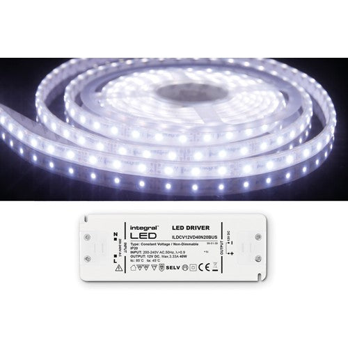 Integral LED Strip And Driver Kit Ip67 5M 6500K 12V 6W/M 350Lm/M 60Led/M 10Mm Width 115 Beam Box Pack With 12V Ip20 40W Driver Integral - ILSTWHIC065W