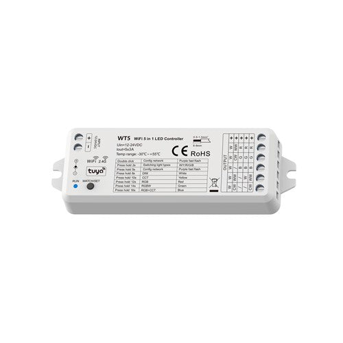 SKYDANCE WT5 LED CONTROLLER WIFI & RF 2.4GHZ 5-IN-1 RECEIVER APP CONTROLLED SINGLE COLOUR TO RGBCCT 12-24V CONSTANT VOLTAGE 360W(24V) INTEGRAL