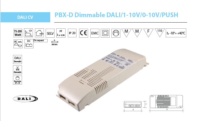 A40PBX075D0B : DRIVER LED 75w 12v DALI/PUSH/1-10v DIMMABLE FOR SORAA LAMPS