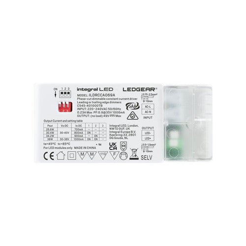 Integral LED Constant Current Driver Adjustable Output 26.6-38W 700-1000Ma Ip20 Triac Dimmable 30-40V Output Integral - ILDRCCA069A