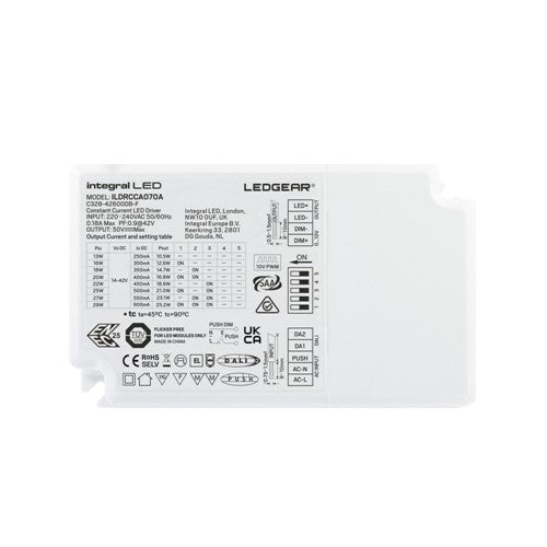 Integral LED Constant Current Driver Adjustable Output 13-29W 250-600Ma Ip20 Dali- Dali2 - Push-Dimm 0-10V Dimmable 14-42V Output Integral - ILDRCCA070A