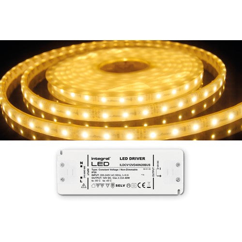 Integral LED Strip And Driver Kit Ip67 5M 3500K 12V 6W/M 325Lm/M 60Led/M 10Mm Width 115 Beam Box Pack With 12V Ip20 40W Driver Integral - ILSTWHIC064W