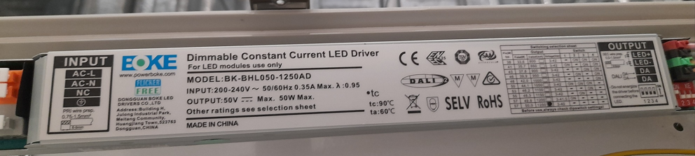 BK-BHL050-1250AD 38-50W 800-1250MA Dali /1-10V Dimmable