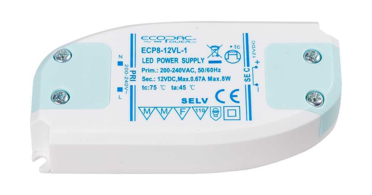 ECP8-12VL-1 ECP8-24VL-1 12v or 24v Please Select 0-0.67A 8w Constant Voltage Led Driver Ecopac Power - Easy Control Gear