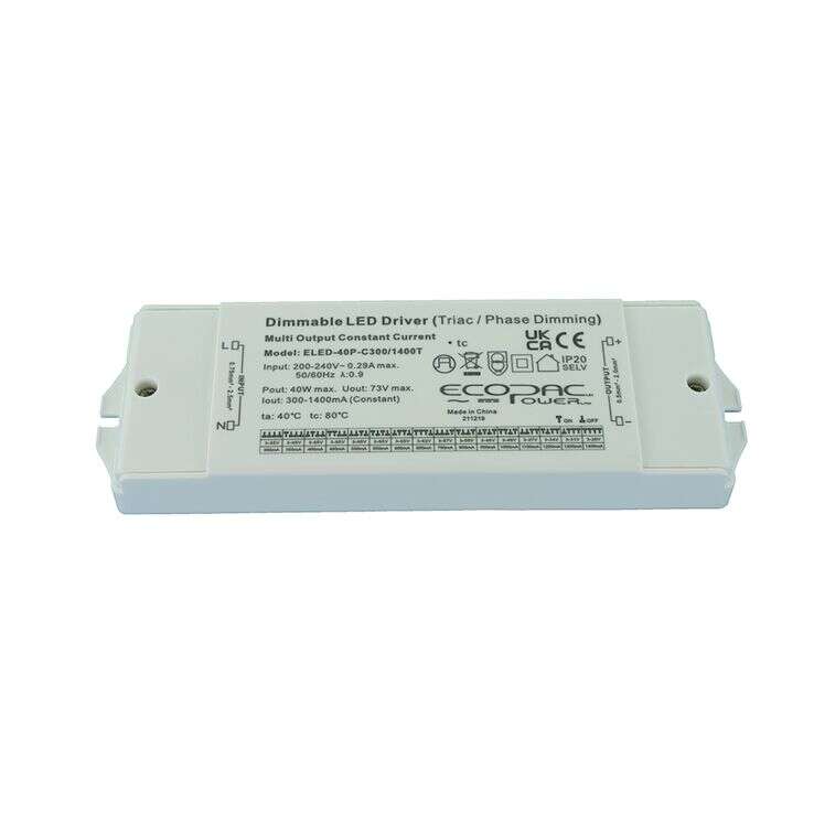 ELED-40P-C300/1400T Series Constant Current LED Drivers 19.5–40W Mains Dimmable LED Drivers Ecopac Power - Easy Control Gear