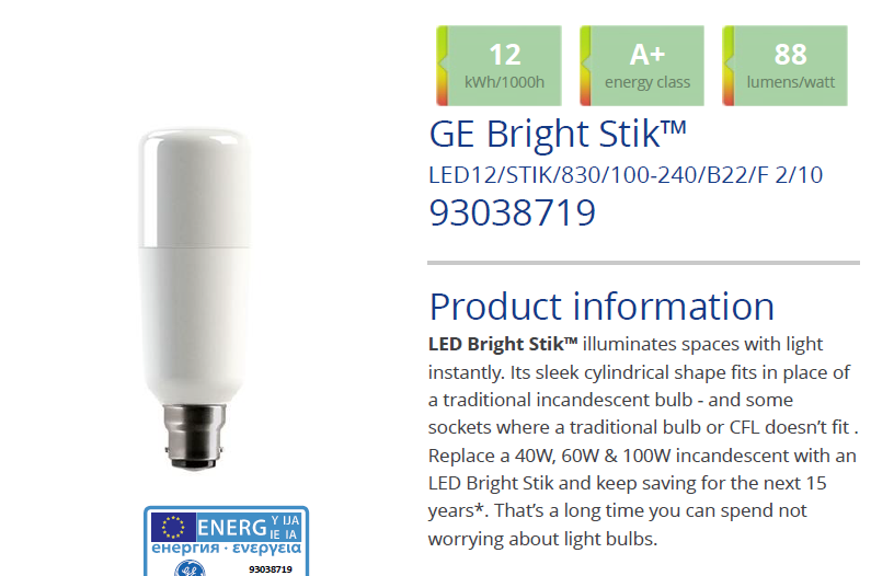 12W BC 3000K  Bright  Stik  93038719