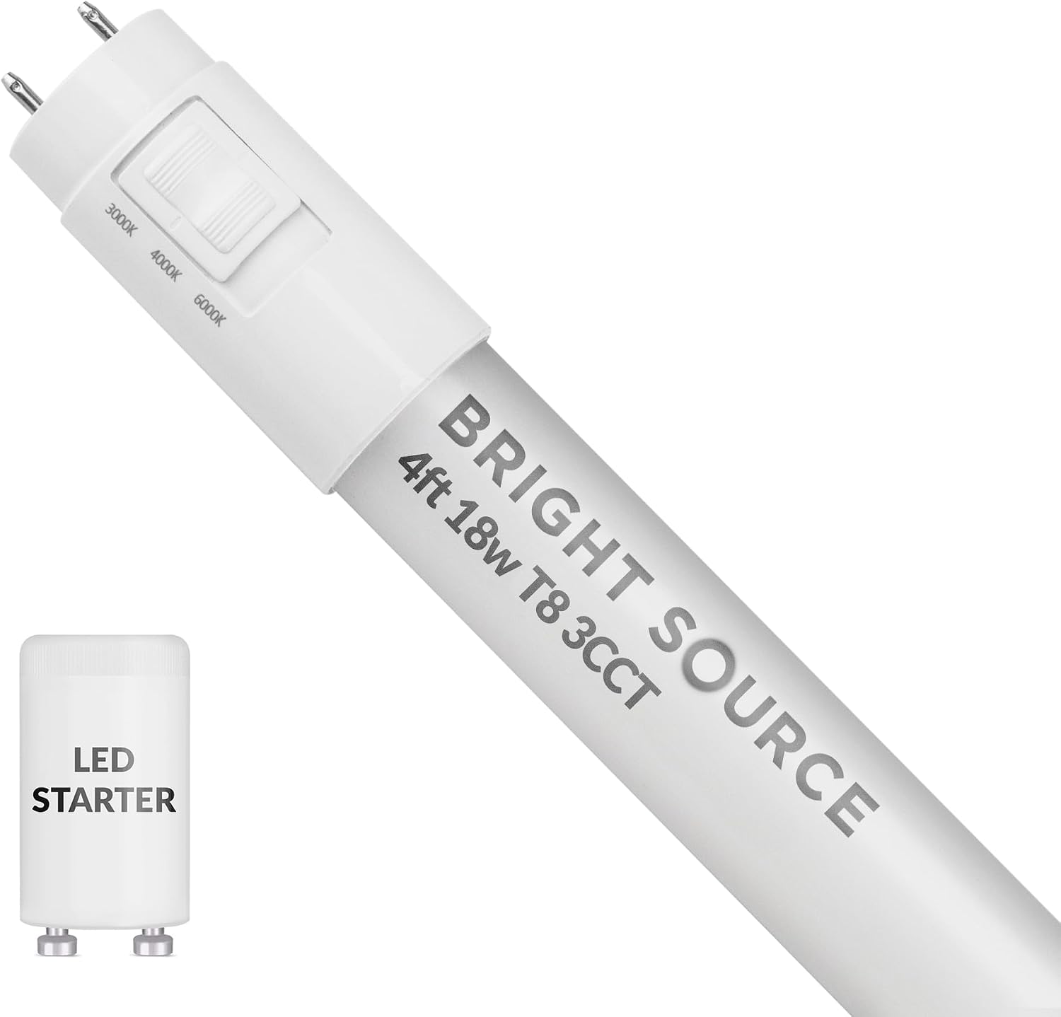 Bright Source LED 4FT T8 Tube, 3CCT Colour Switchable 3000K 4000K 6000K, 4ft (1200mm), 18W, 2340lm, 36w T8 Fluorescent Equiv., Starter Included, use with Direct Mains or Fitting with Magnetic Ballast