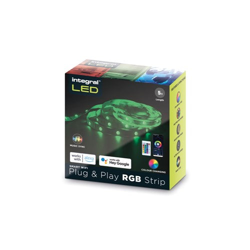 RGB PLUG AND PLAY LED STRIP KITS IP20 5M 4.5W/M 30LED/M 10MM WIDTH 120 BEAM BOX PACK WITH IR CONTROLLER & WIFI APP GOOGLE / ALEXA CONTROL EU PLUG INTEGRAL