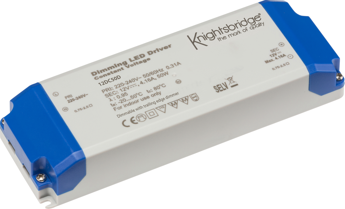 IP20 12V 50W DC Dimmable LED Driver - Constant Voltage 12DC50D Mains Dimmable LED Drivers Knightsbridge - Easy Control Gear