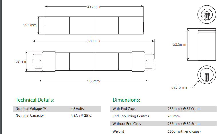 LitePlan 4.8V 4.5Ah NiCd Battery in Stick Formation with End Caps & Twin Socket Emergency Batteries liteplan - Easy Control Gear