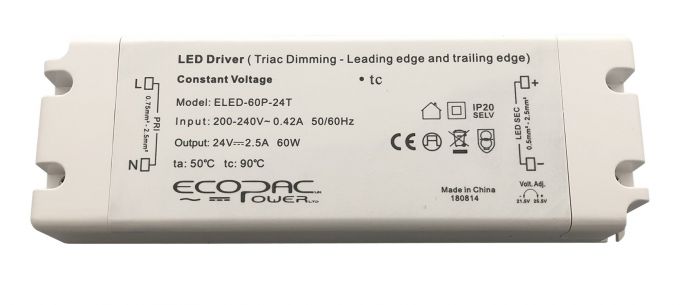 ELED-60P-TS - Ecopac Triac Dimmable LED Driver ELED-60P-T Series 60W 12-24V LED Driver Easy Control Gear - Easy Control Gear