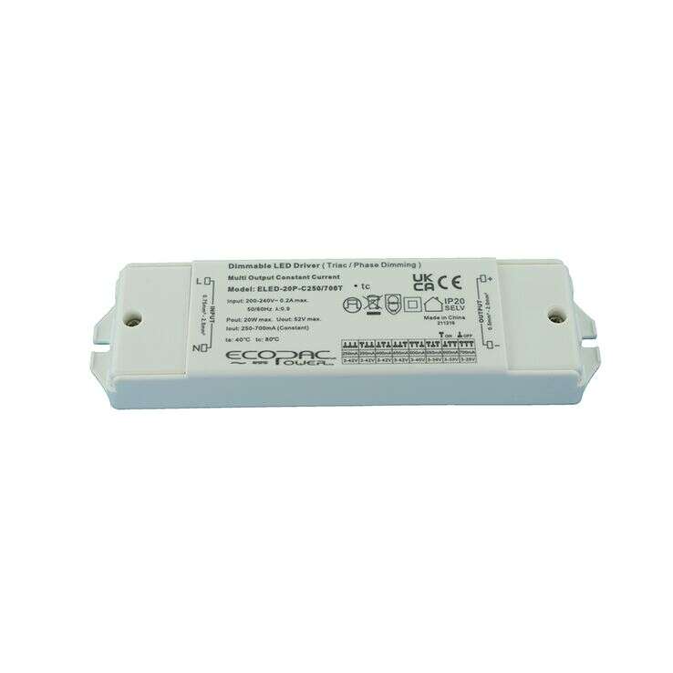 ELED-20P-C250-700T Constant Current LED Drivers 10.5–20.3W Mains Dimmable LED Drivers Ecopac Power - Easy Control Gear